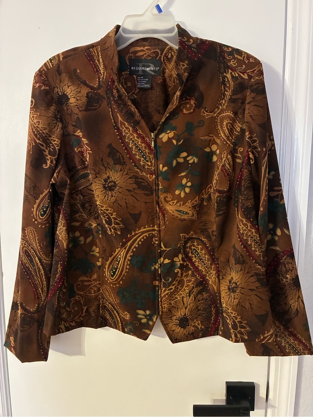 Requirements Brown Paisley Floral Zip Jacket with GreenAccents